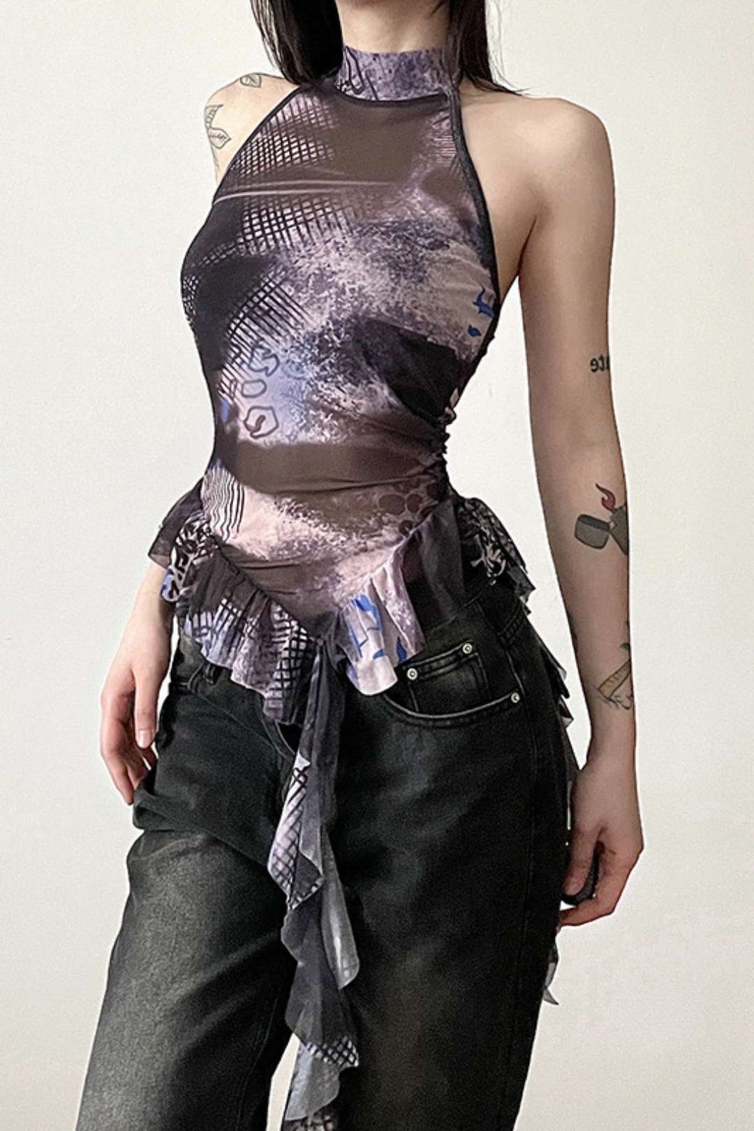 Collar Ruffled Sleeveless Printed Mesh Slim Vest