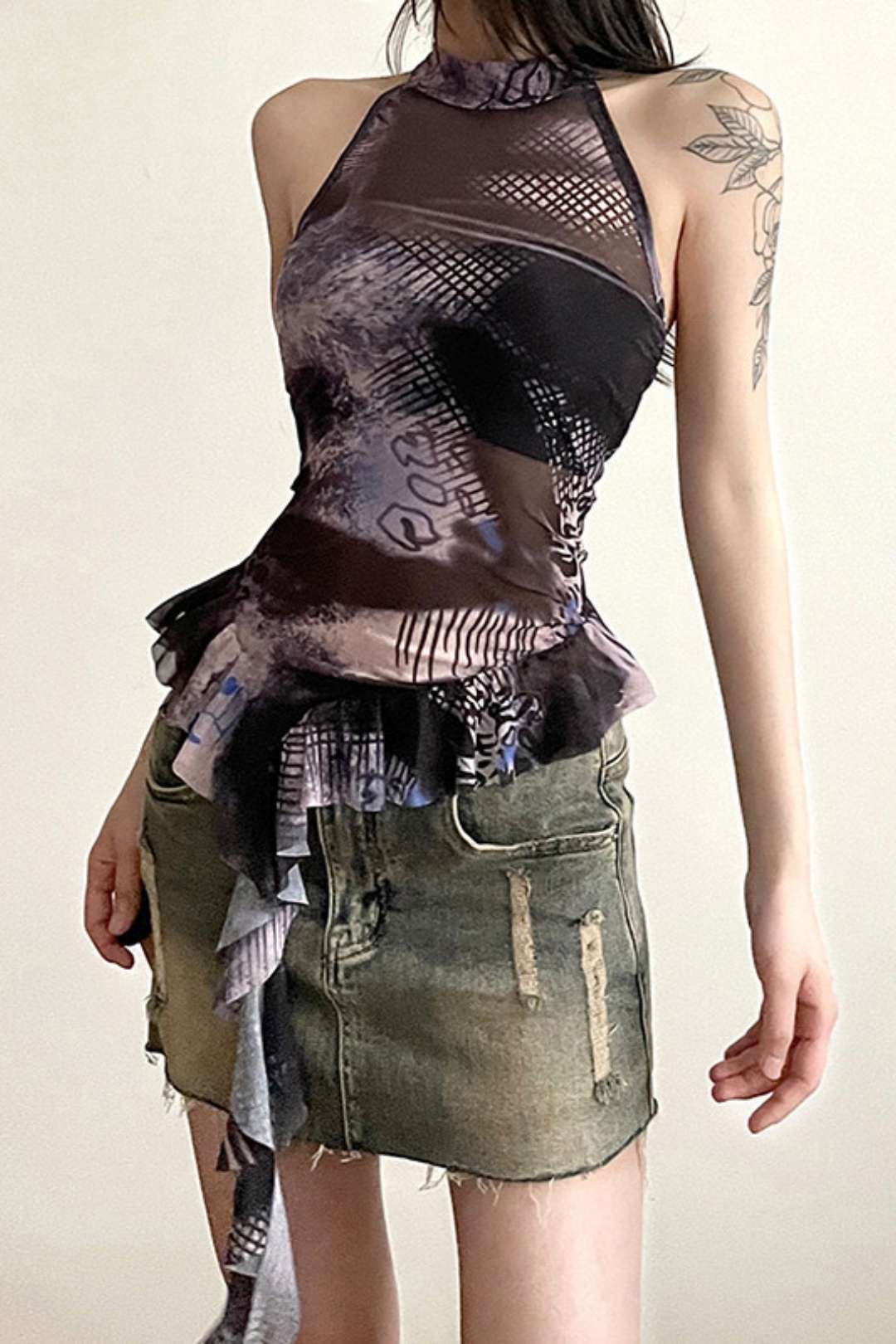 Collar Ruffled Sleeveless Printed Mesh Slim Vest