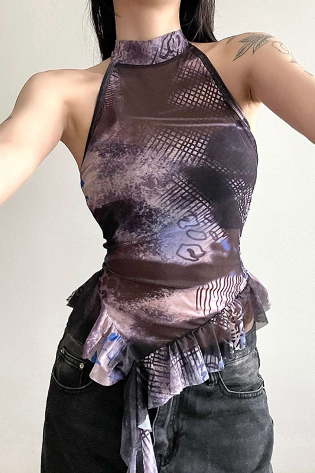 Collar Ruffled Sleeveless Printed Mesh Slim Vest