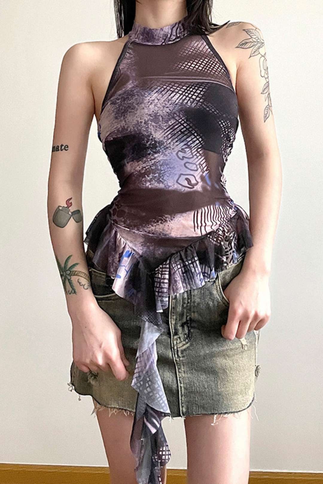 Collar Ruffled Sleeveless Printed Mesh Slim Vest
