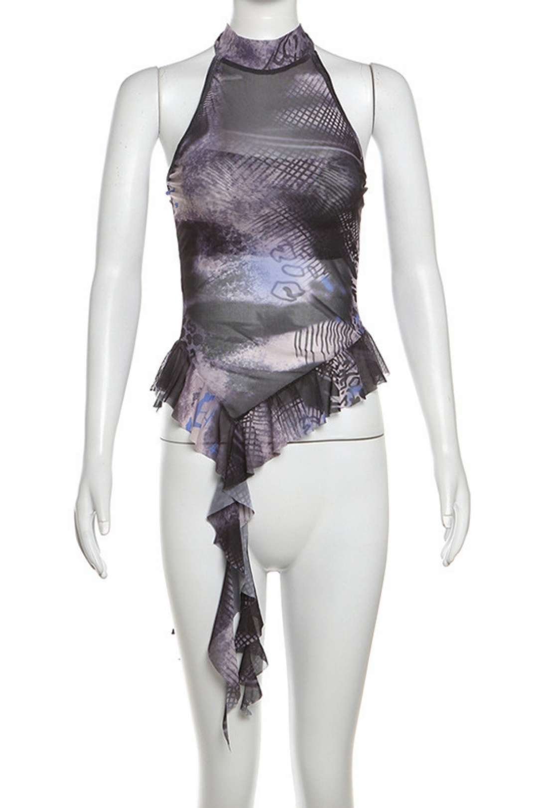 Collar Ruffled Sleeveless Printed Mesh Slim Vest