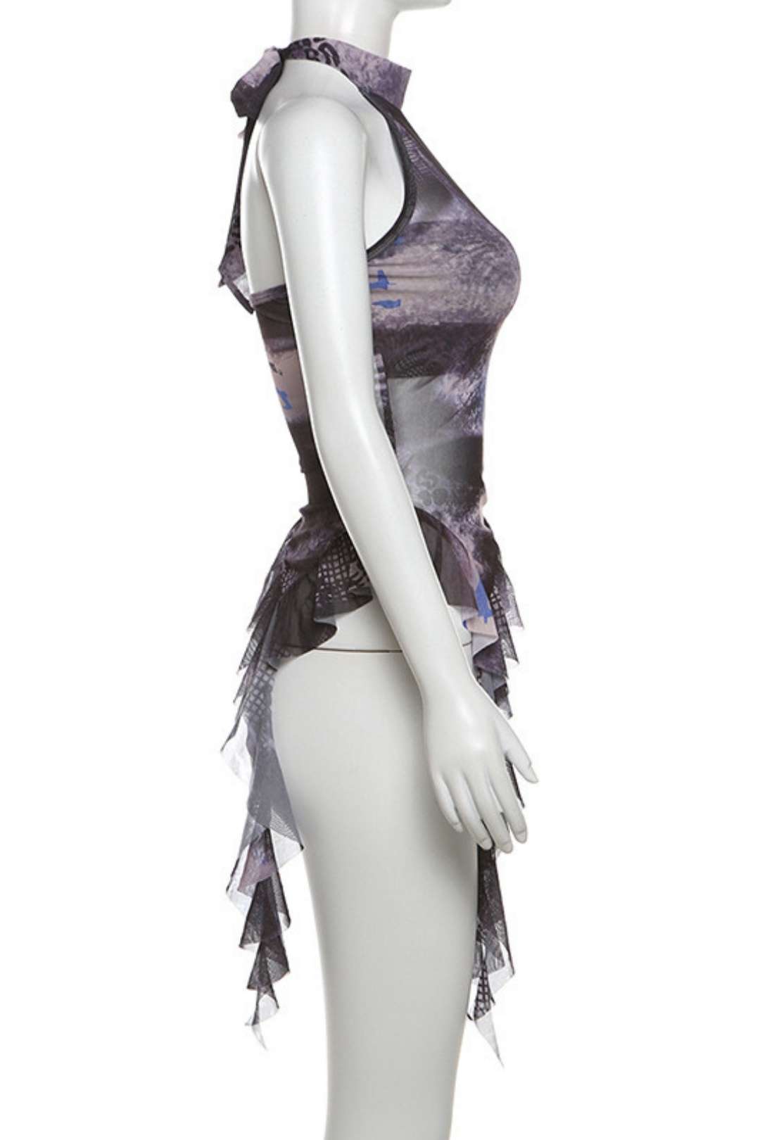 Collar Ruffled Sleeveless Printed Mesh Slim Vest