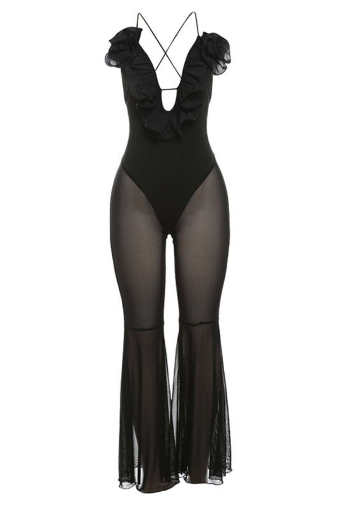 Hottie Mesh Splicing See-through Design Trumpet Jumpsuit