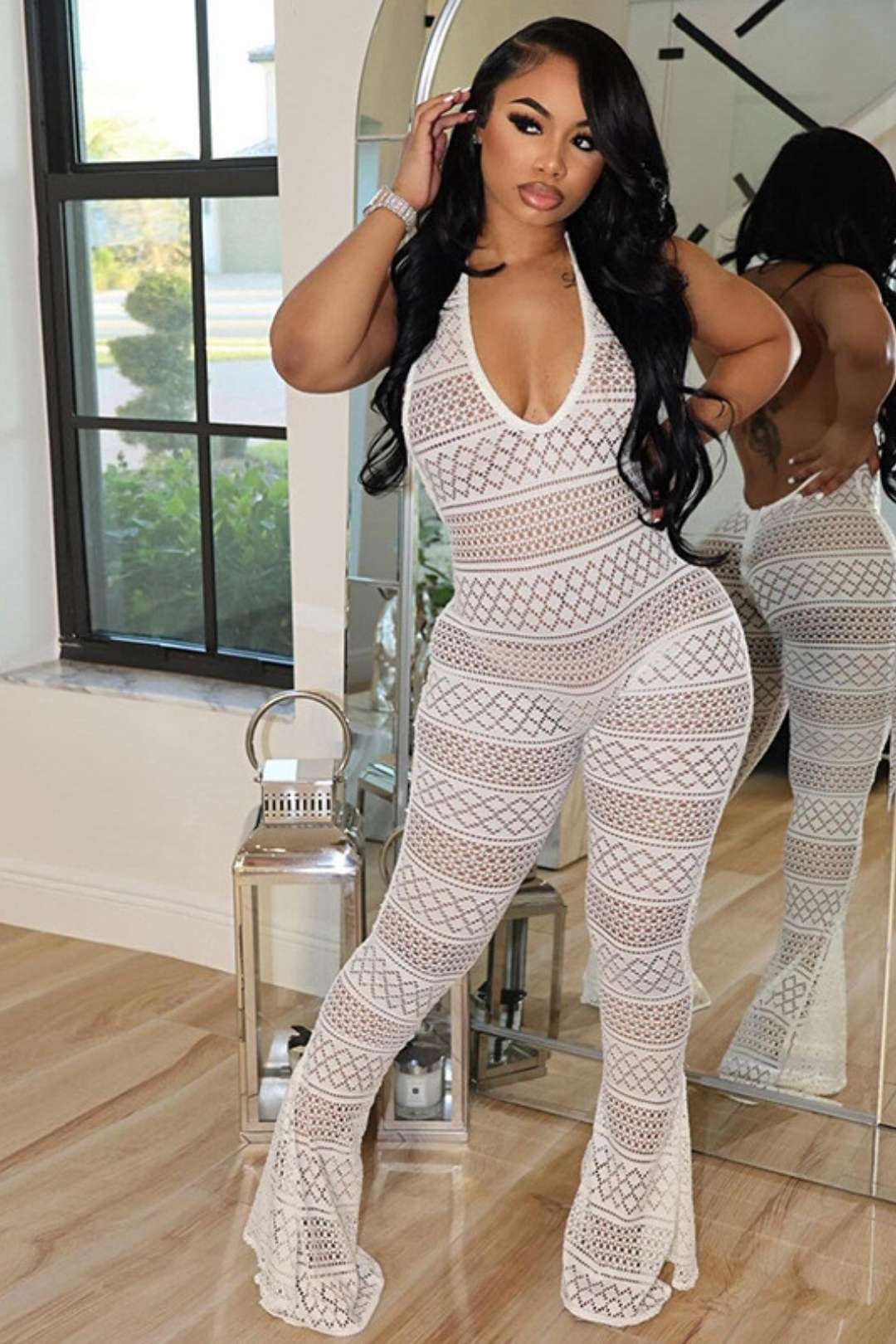 Sexy See-through Lace Jacquard One-piece Tight Jumpsuit