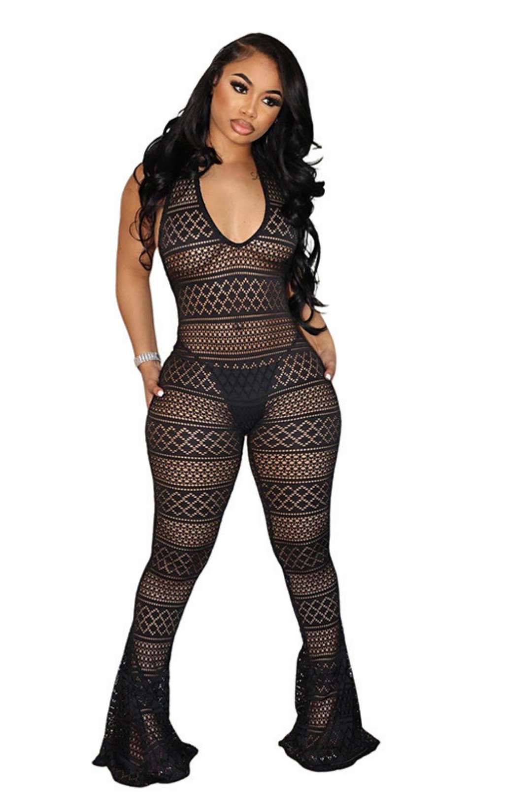 Sexy See-through Lace Jacquard One-piece Tight Jumpsuit