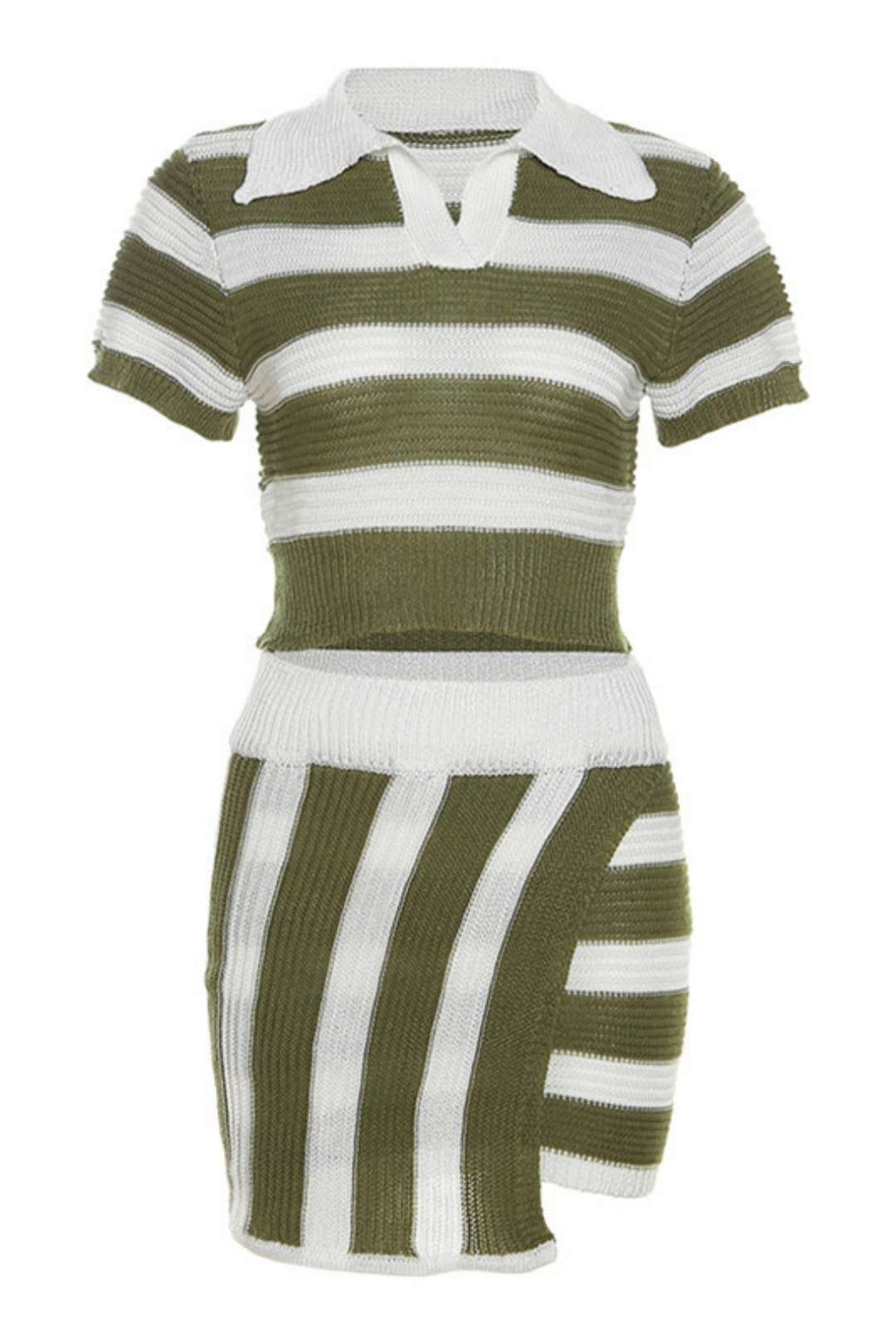 Short-sleeved Striped Color-blocking Knitted Slim-fit Hip-hugging Short Skirt Suit