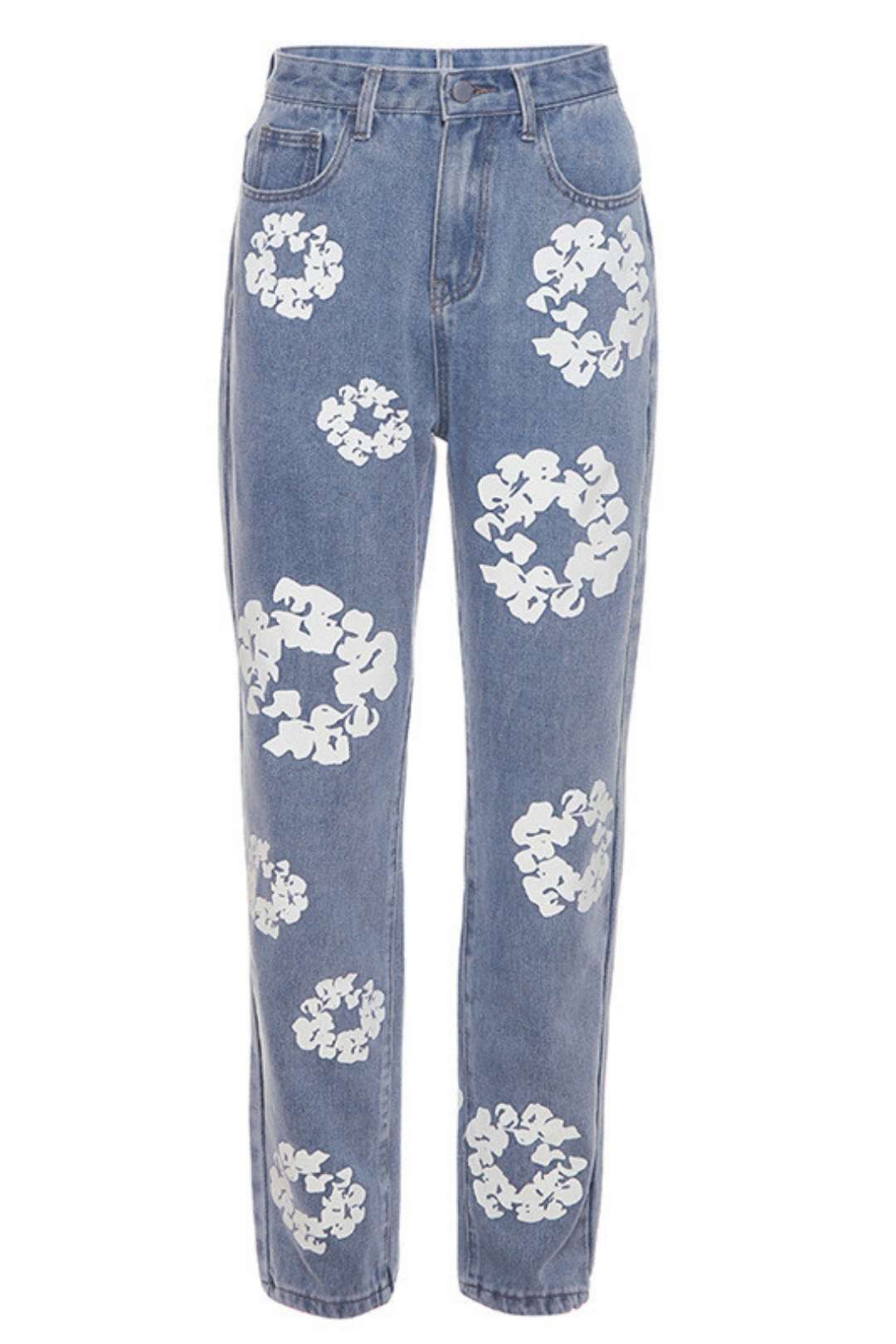 Print High Waist Straight Slim Jeans