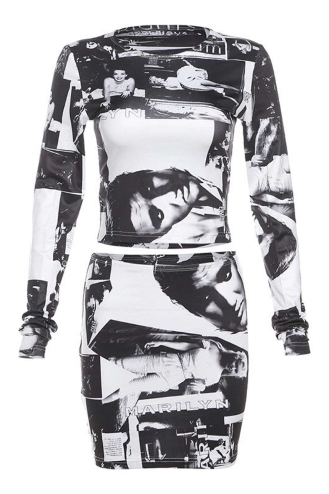 Black And White Face Print Round Neck T-shirt Slim Skirt Suit