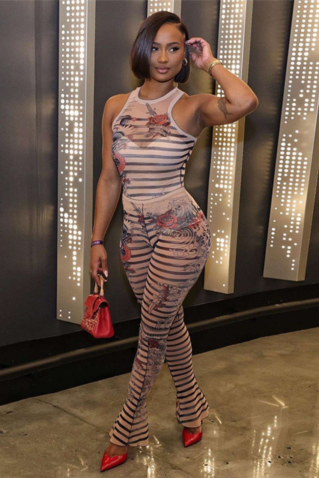 Sleeveless Printed Jumpsuit High Waist Tight Trousers Two Pieces