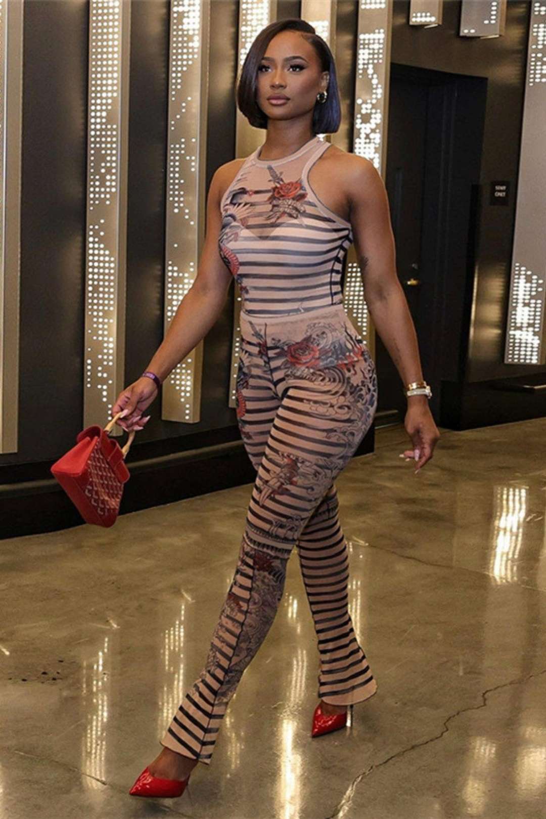 Sleeveless Printed Jumpsuit High Waist Tight Trousers Two Pieces