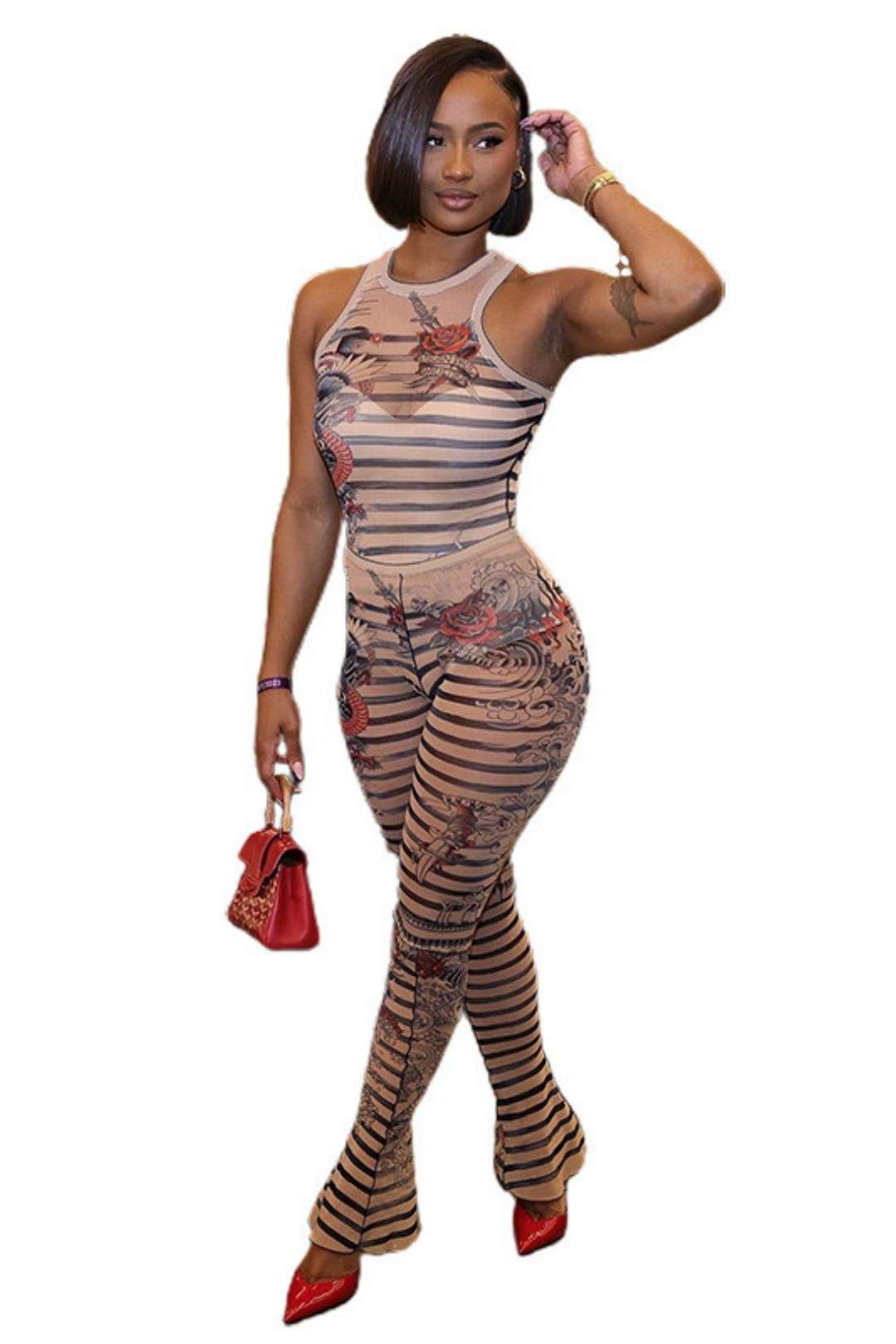 Sleeveless Printed Jumpsuit High Waist Tight Trousers Two Pieces