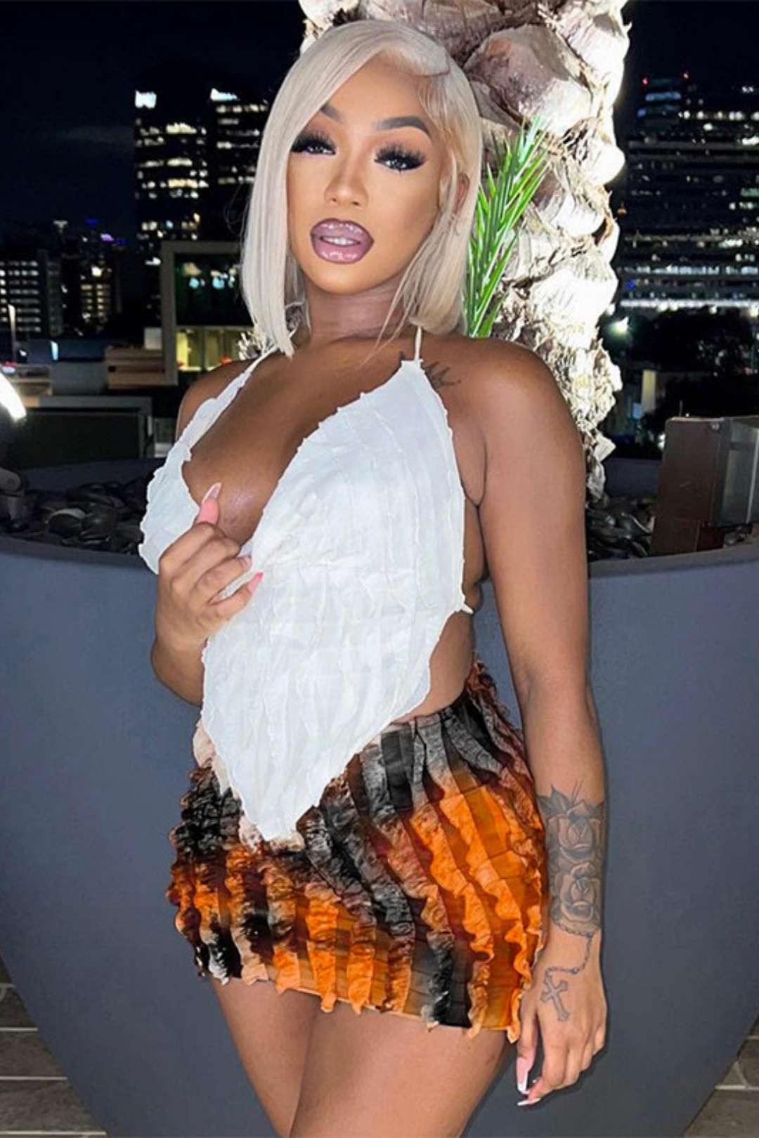 Halterneck Backless Straps And Suspenders Color Matching Sexy Short Skirt Two-piece Set