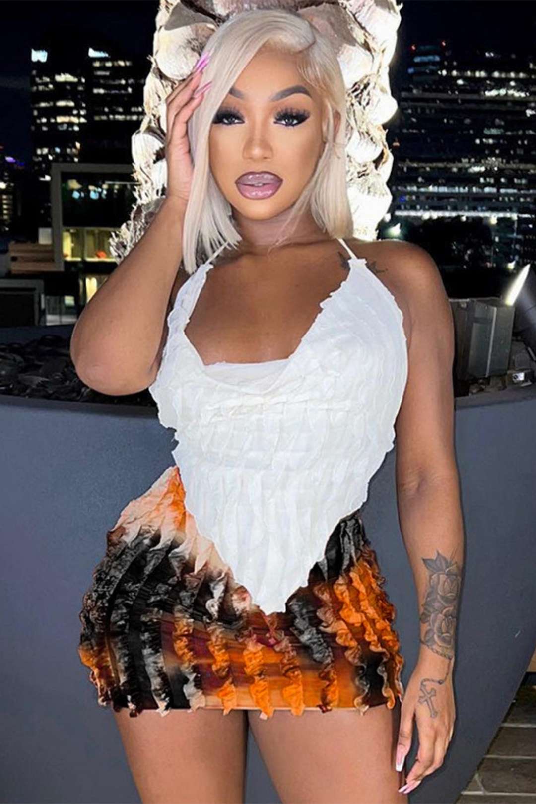 Halterneck Backless Straps And Suspenders Color Matching Sexy Short Skirt Two-piece Set