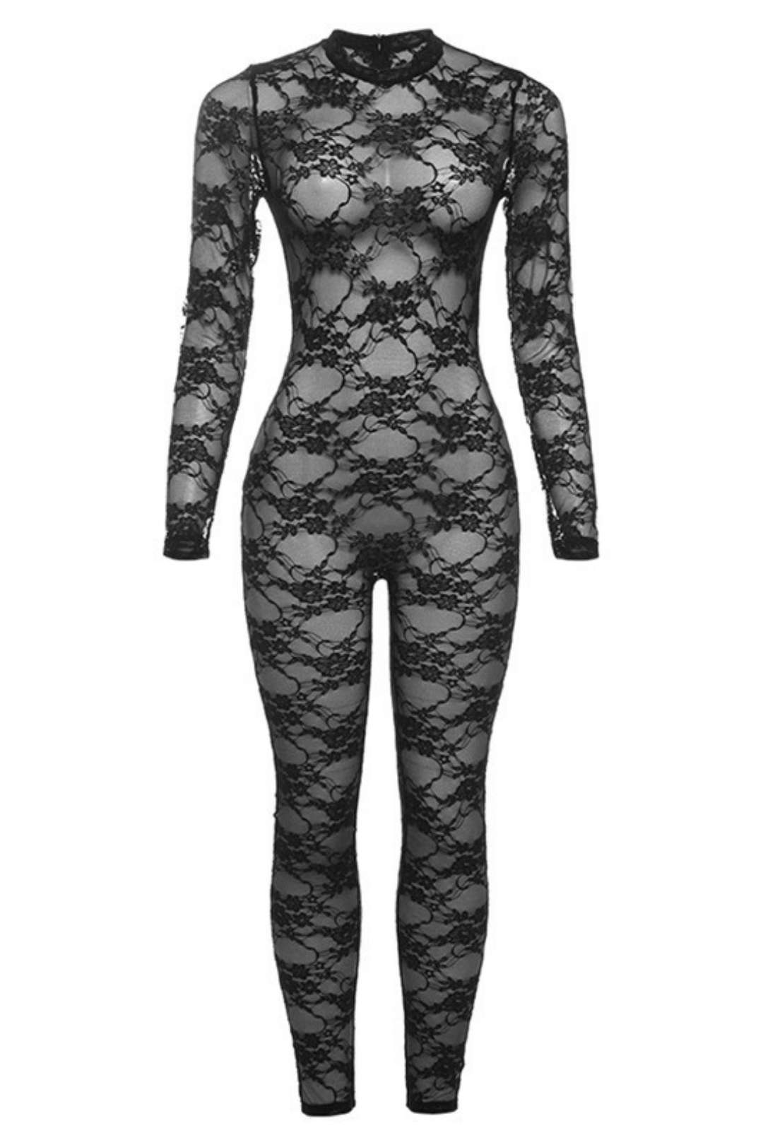 Round Neck Long-sleeved Lace Tight Jumpsuit