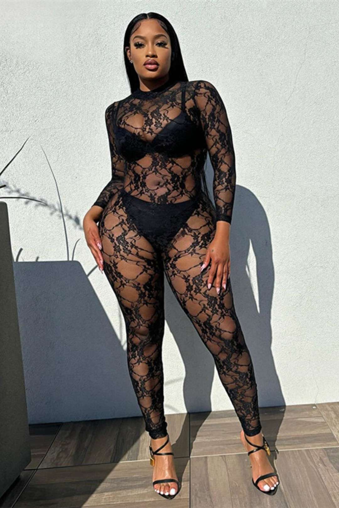 Round Neck Long-sleeved Lace Tight Jumpsuit