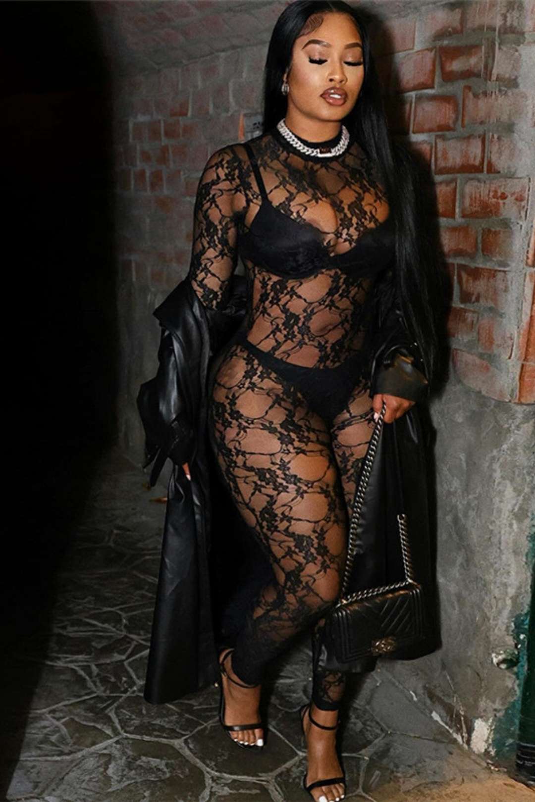 Round Neck Long-sleeved Lace Tight Jumpsuit