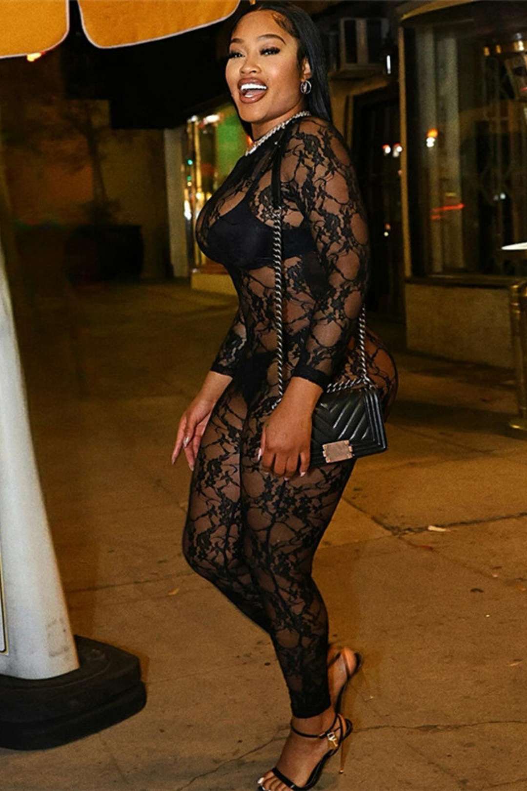 Round Neck Long-sleeved Lace Tight Jumpsuit