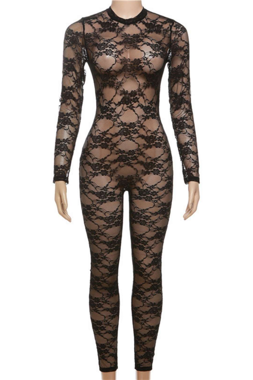 Round Neck Long-sleeved Lace Tight Jumpsuit