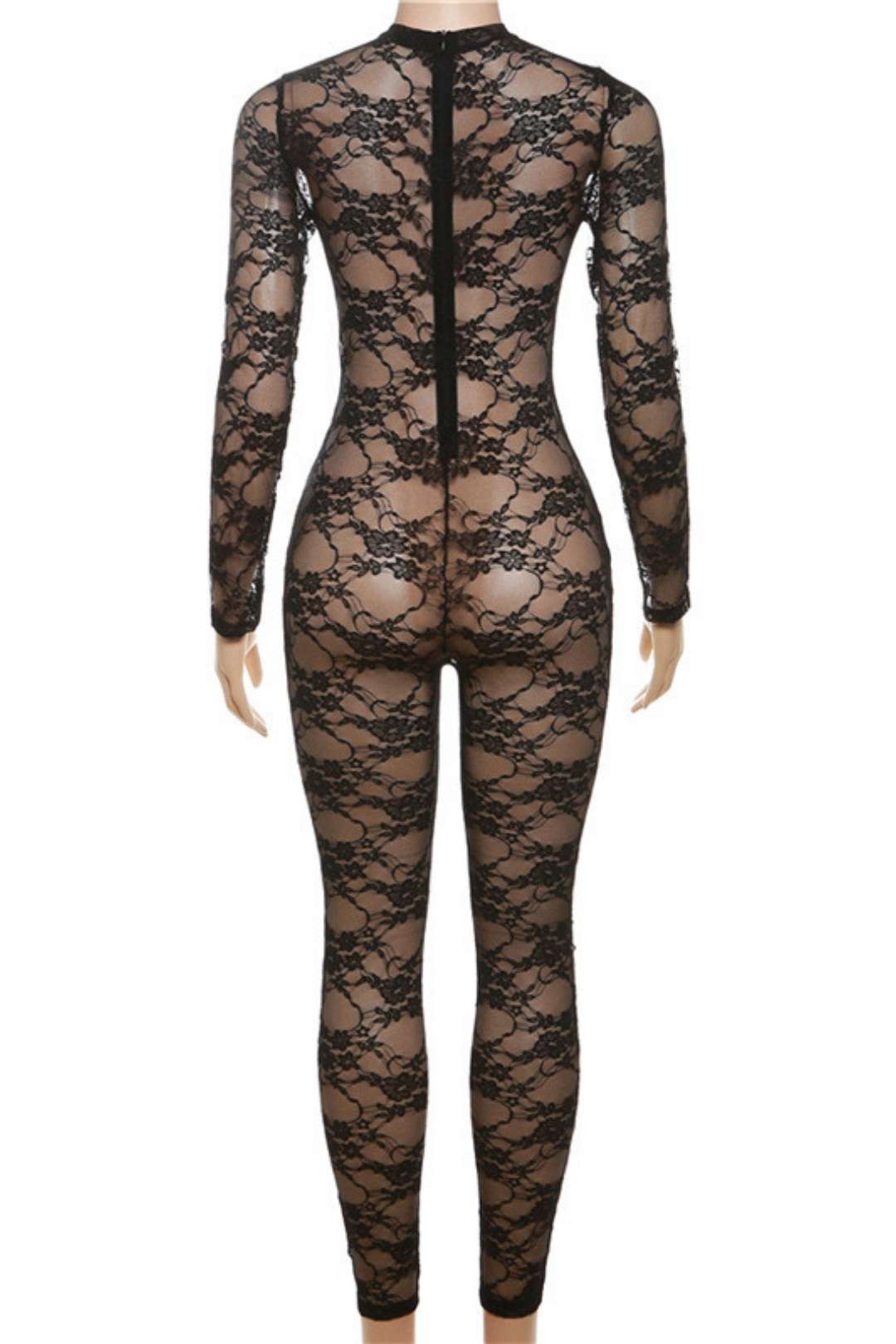 Round Neck Long-sleeved Lace Tight Jumpsuit