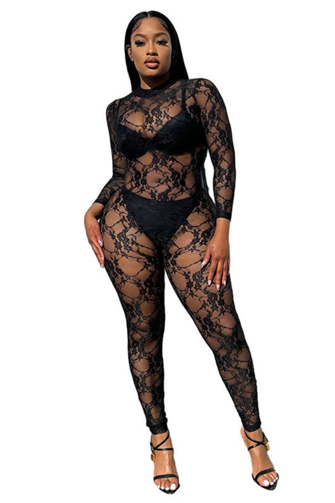 Round Neck Long-sleeved Lace Tight Jumpsuit