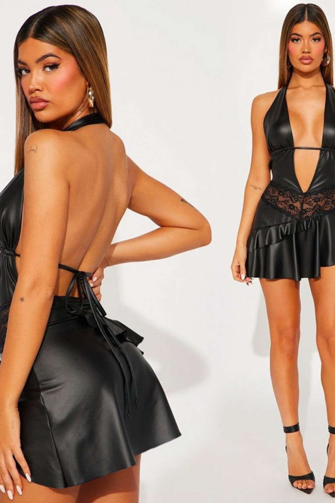 V Backless Tie Fashion Sexy Lace Splicing Halter Neck Dress