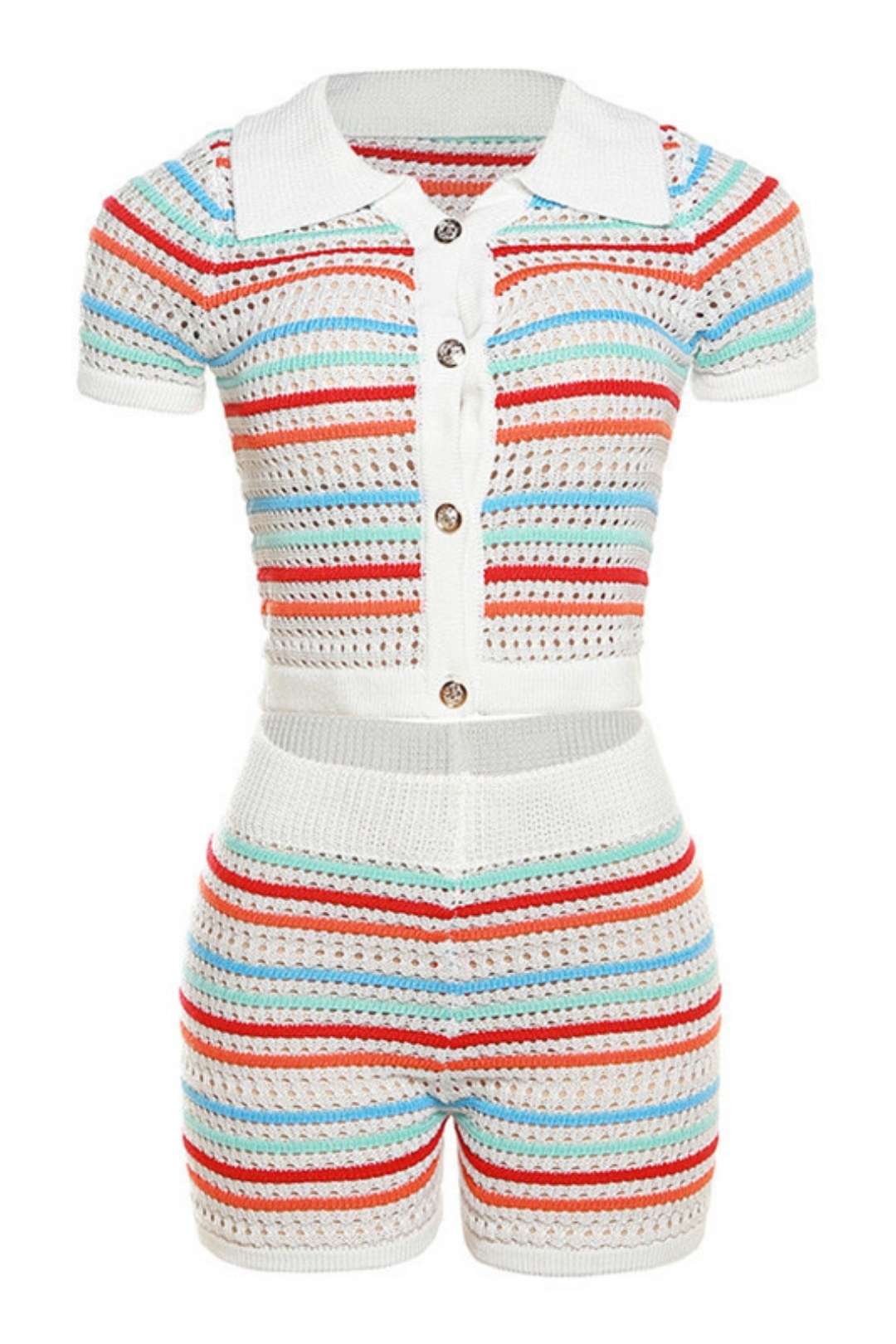 Short Sleeves Striped Color Matching High Waist Tight Shorts Knitted Suit