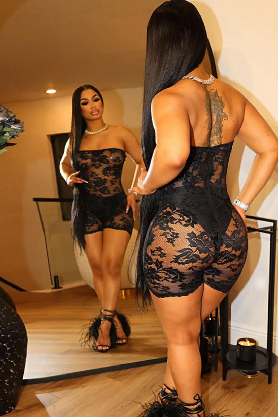 See-through Lace Jacquard Tube Top Bodysuit