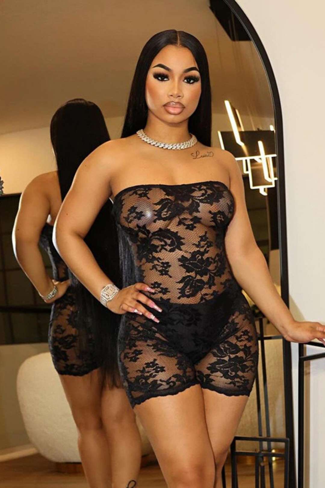 See-through Lace Jacquard Tube Top Bodysuit