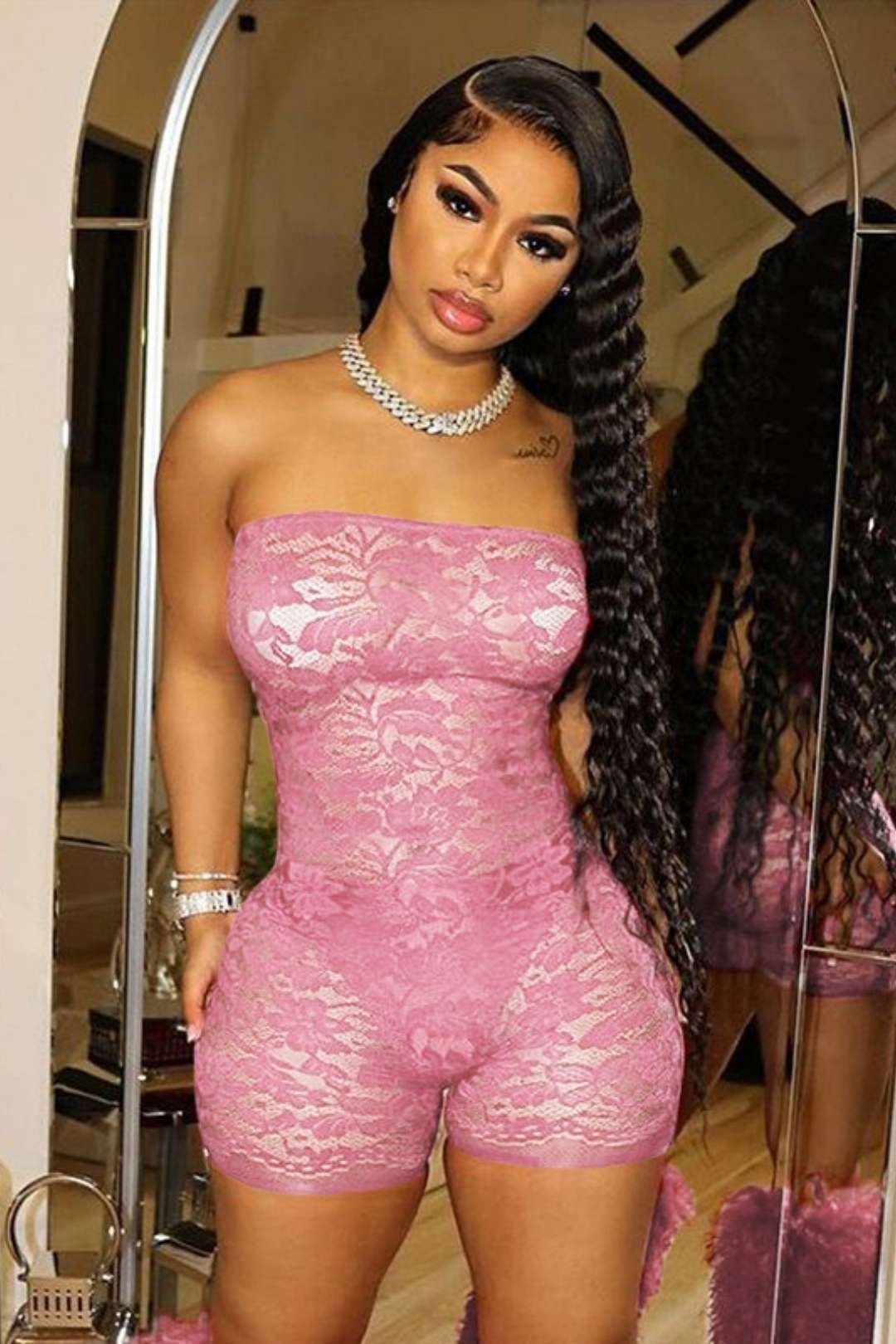 See-through Lace Jacquard Tube Top Bodysuit