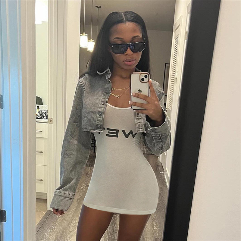 Simple Letter Vest Solid Color Slim Fit Hip Dress