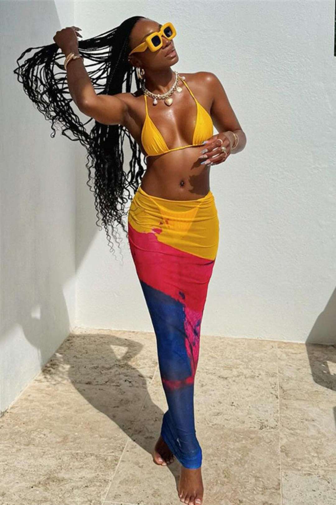 Print Halter Neck Wrap Chest High Waist Hip Long Skirt Suit