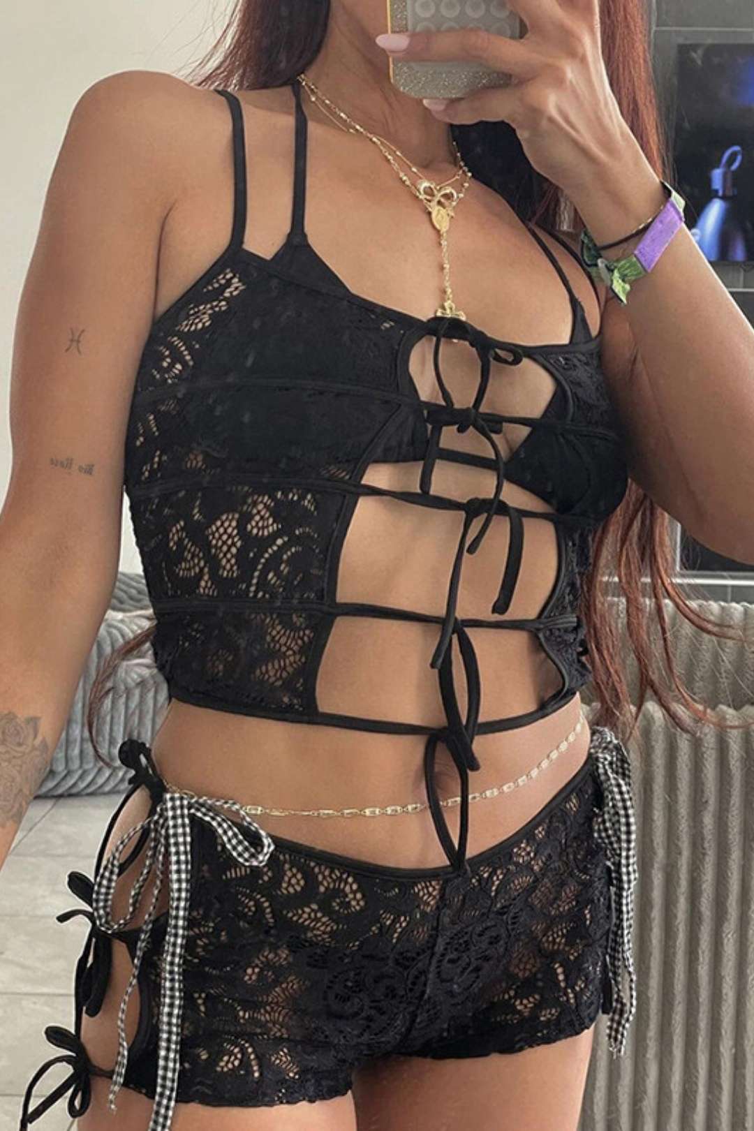 Slim Fit Navel Strap Lace Hollow See-through Pants Suit