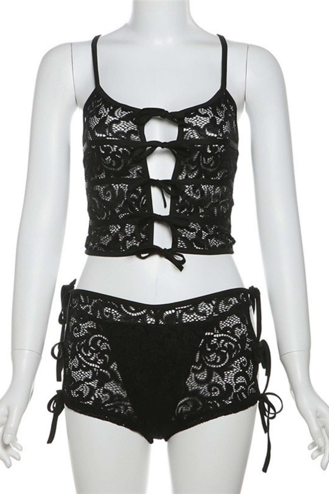 Slim Fit Navel Strap Lace Hollow See-through Pants Suit