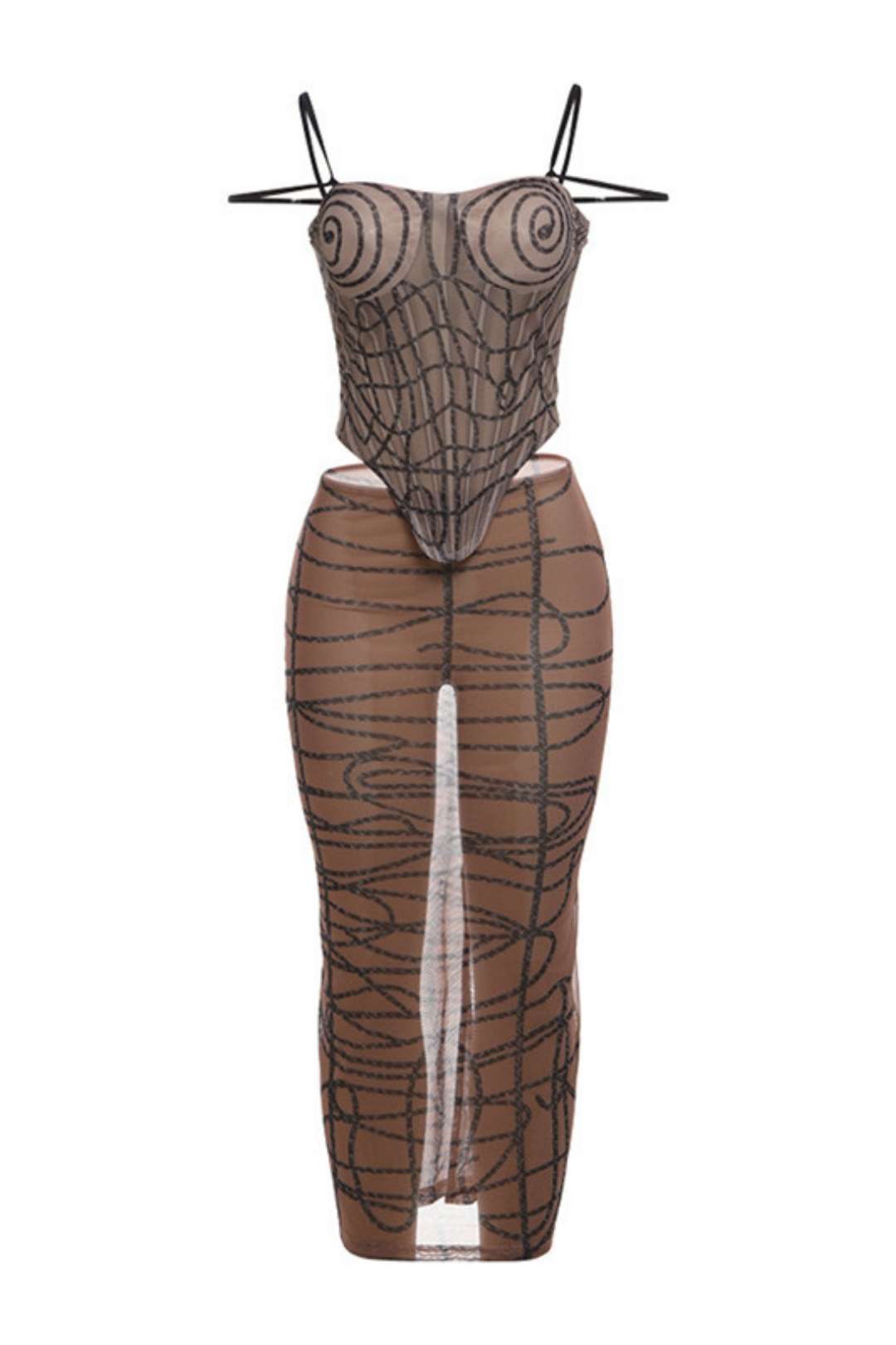 Printed Mesh See-through Straps Tube Top Hip Skirt Suit