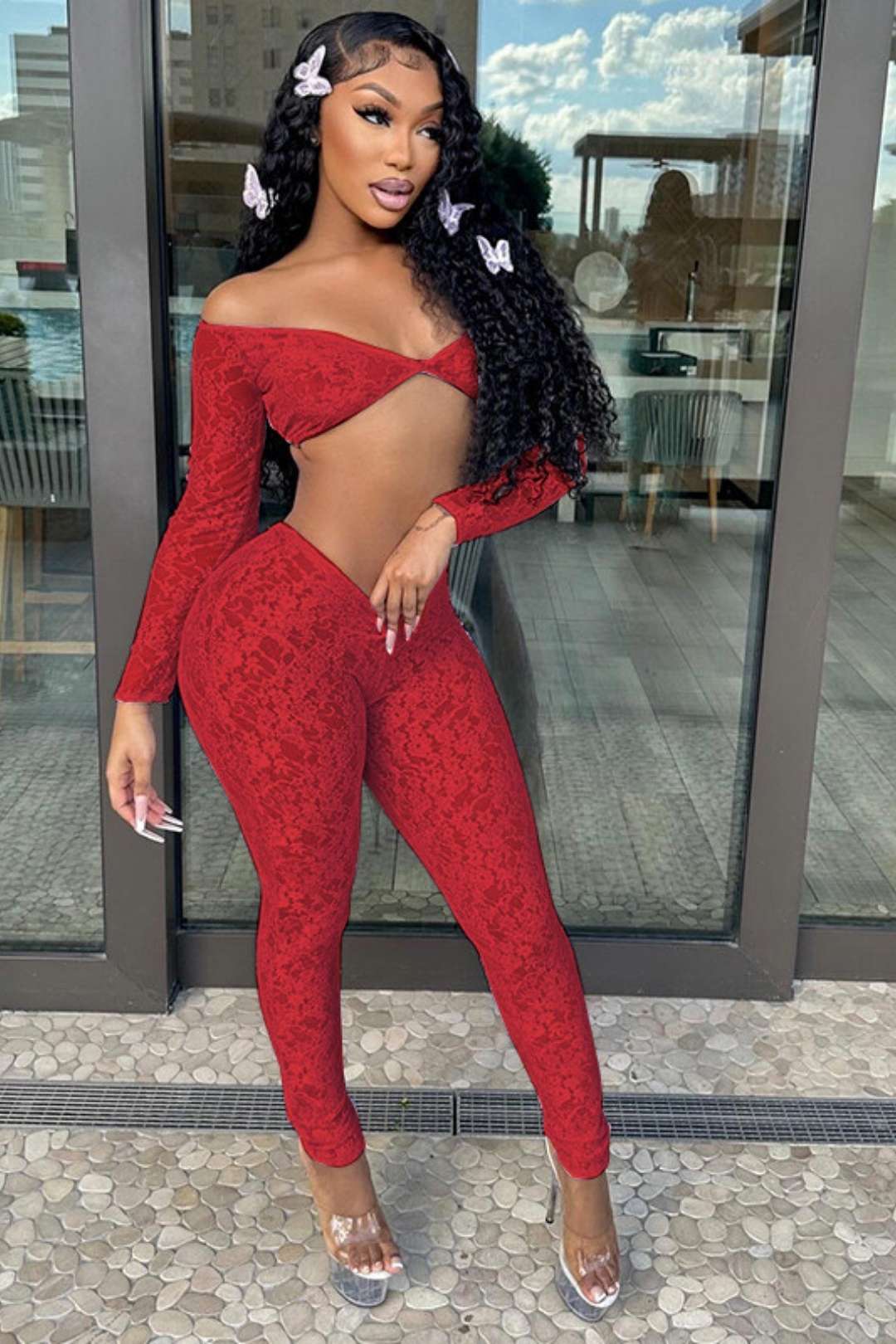 Sexy Lace Big U-neck Top And Navel-baring Tight Trousers Suit