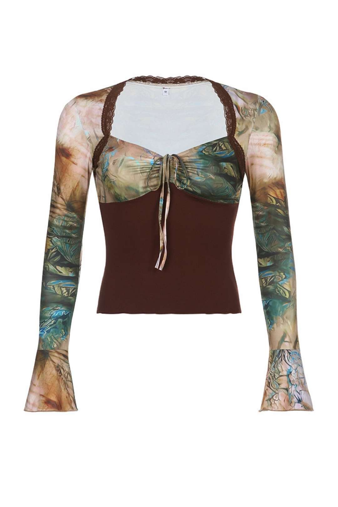 Retro Brown Abstract Printed Lace Stitching V-neck Bust Strap Top