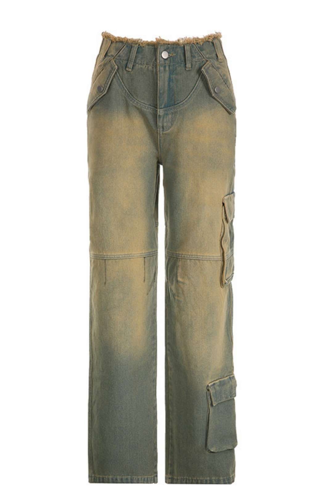 Retro Distressed Washed Low-waisted Loose Pockets Spliced ​​raw Edge Jeans