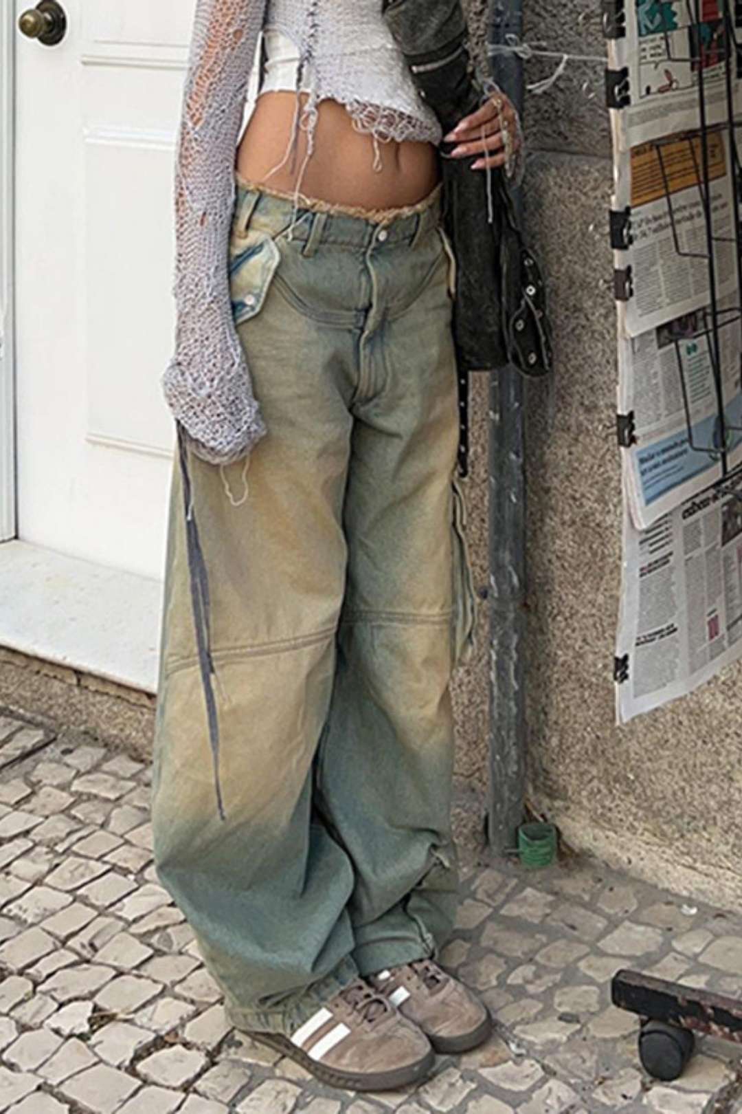 Retro Distressed Washed Low-waisted Loose Pockets Spliced ​​raw Edge Jeans