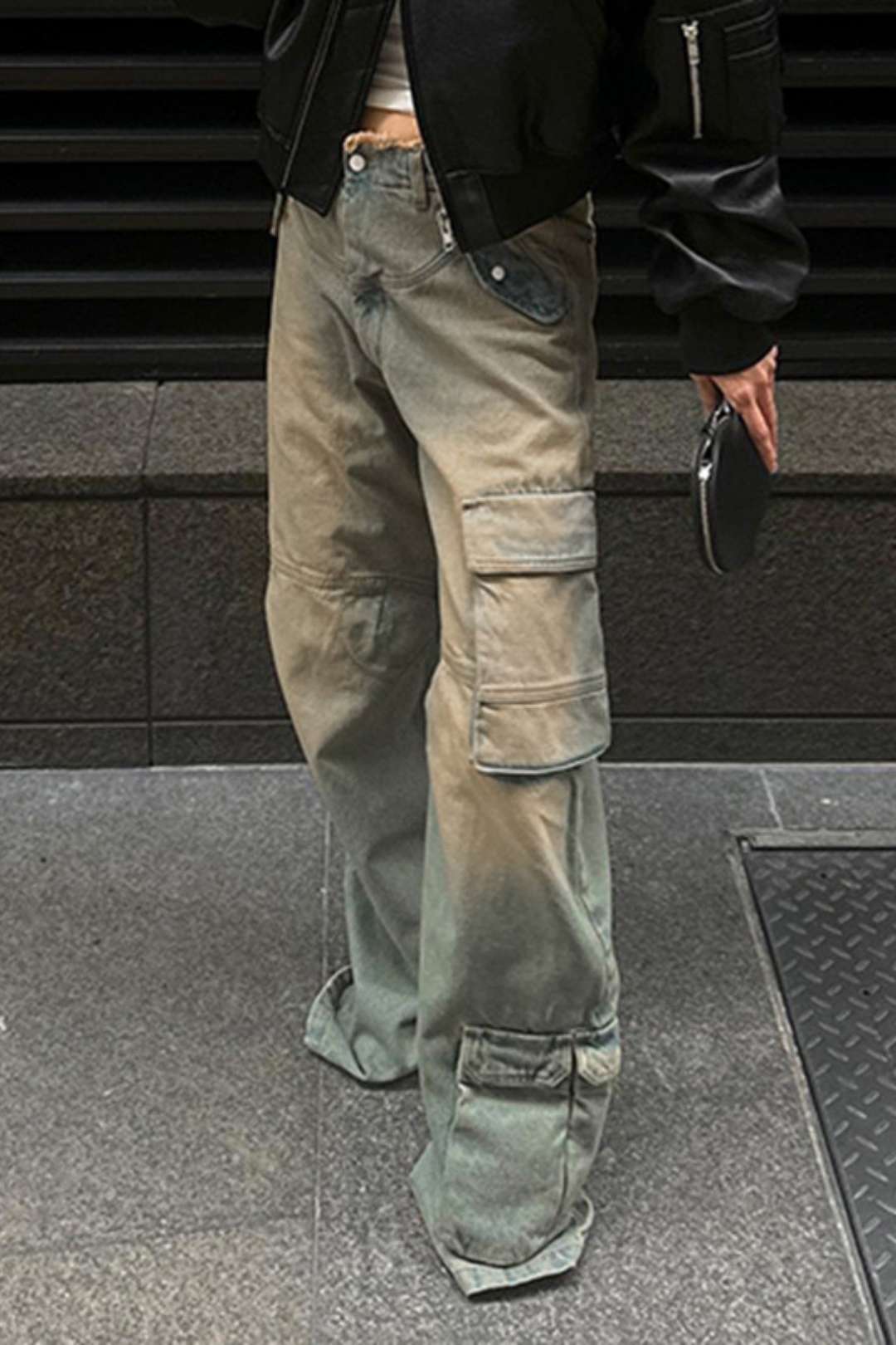 Retro Distressed Washed Low-waisted Loose Pockets Spliced ​​raw Edge Jeans