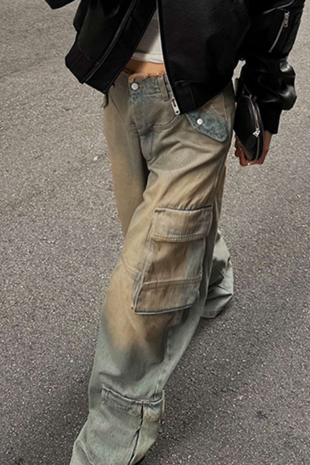 Retro Distressed Washed Low-waisted Loose Pockets Spliced ​​raw Edge Jeans