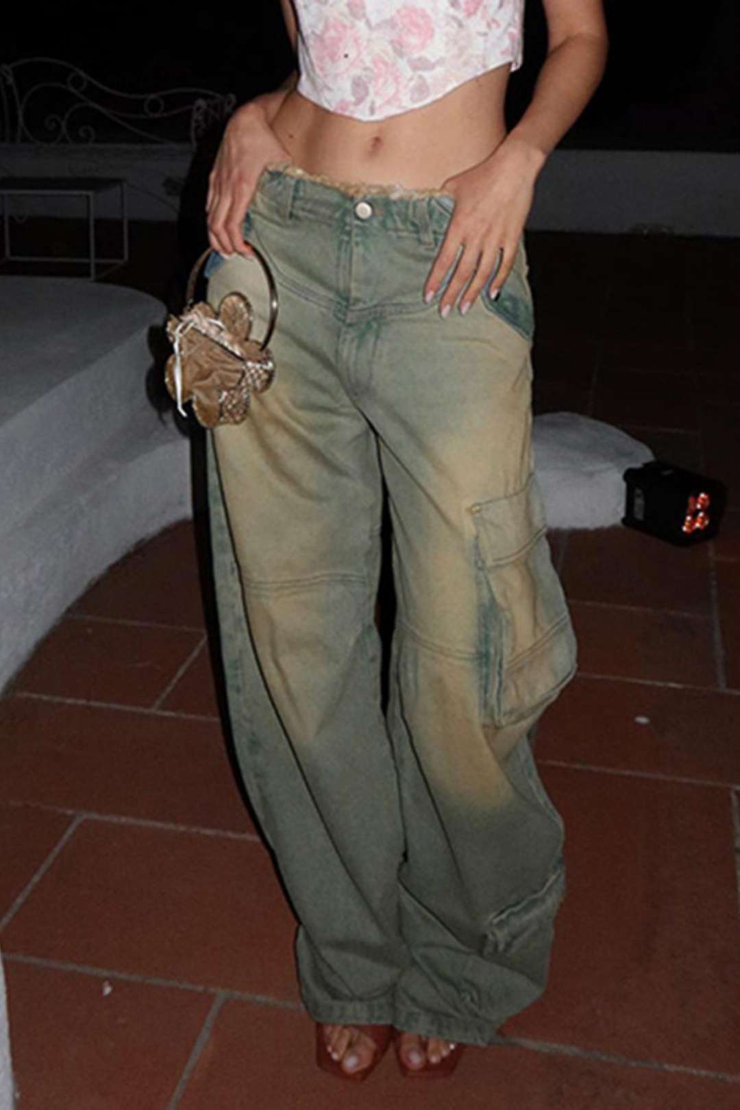 Retro Distressed Washed Low-waisted Loose Pockets Spliced ​​raw Edge Jeans