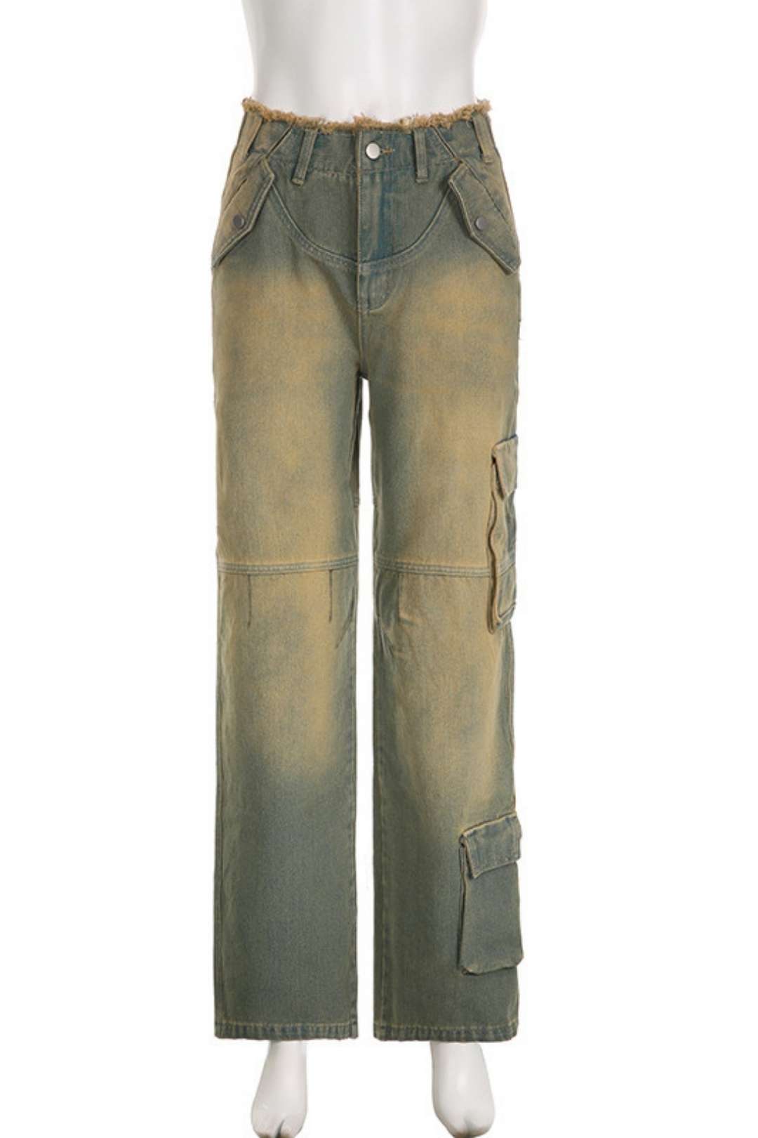 Retro Distressed Washed Low-waisted Loose Pockets Spliced ​​raw Edge Jeans