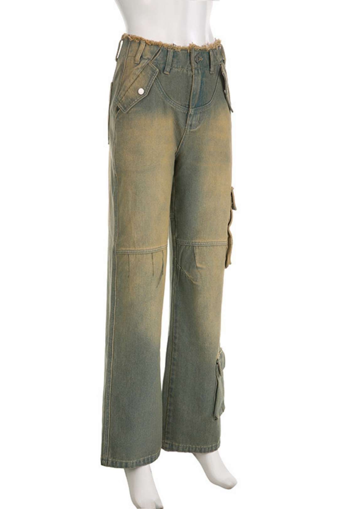 Retro Distressed Washed Low-waisted Loose Pockets Spliced ​​raw Edge Jeans
