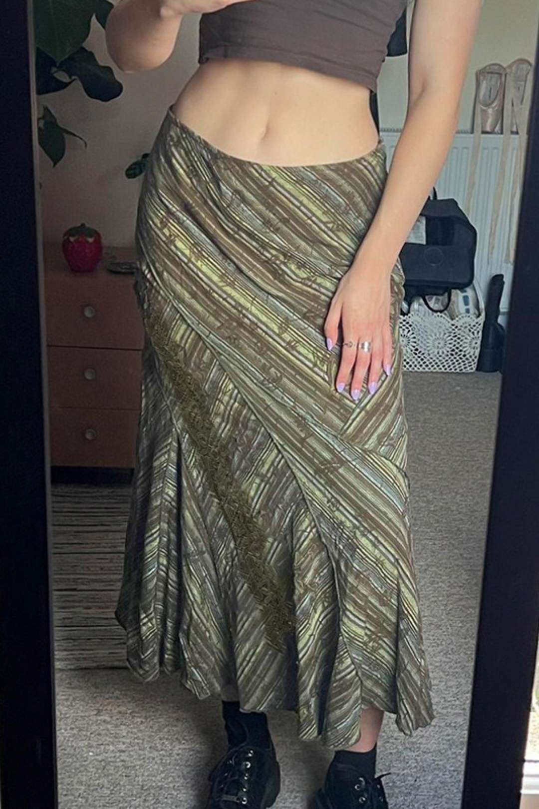 Retro Printed Irregular Pleated Lace Skirt,