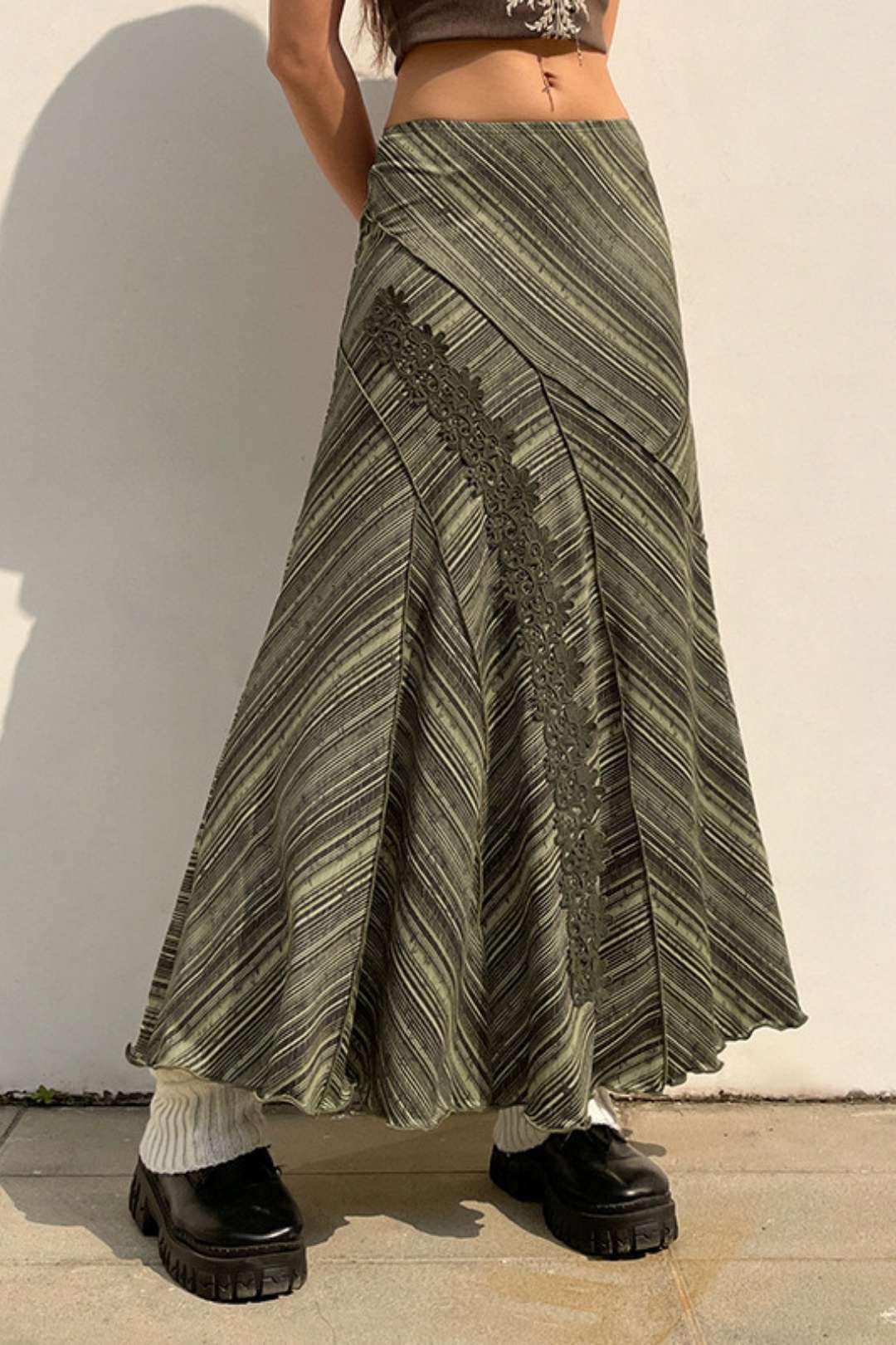 Retro Printed Irregular Pleated Lace Skirt,