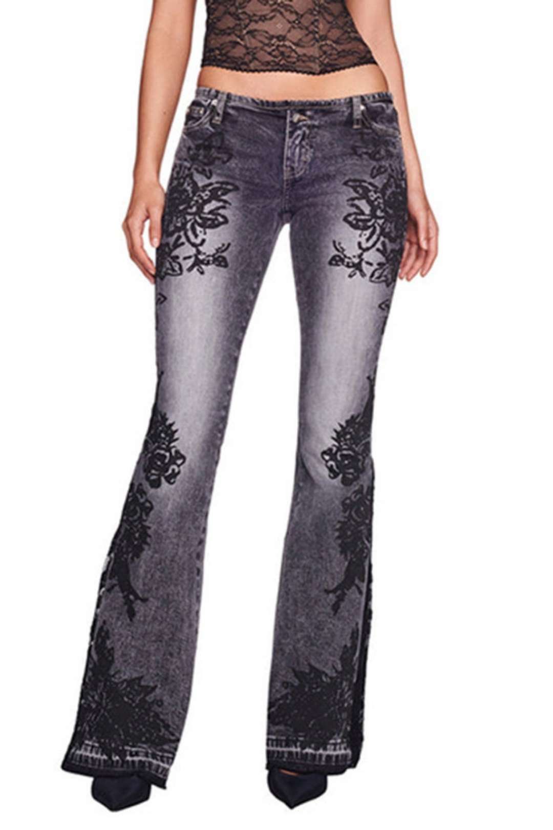 Low-waist Embroidered Flower Distressed White Bell-bottoms Floor-length Slim Jeans