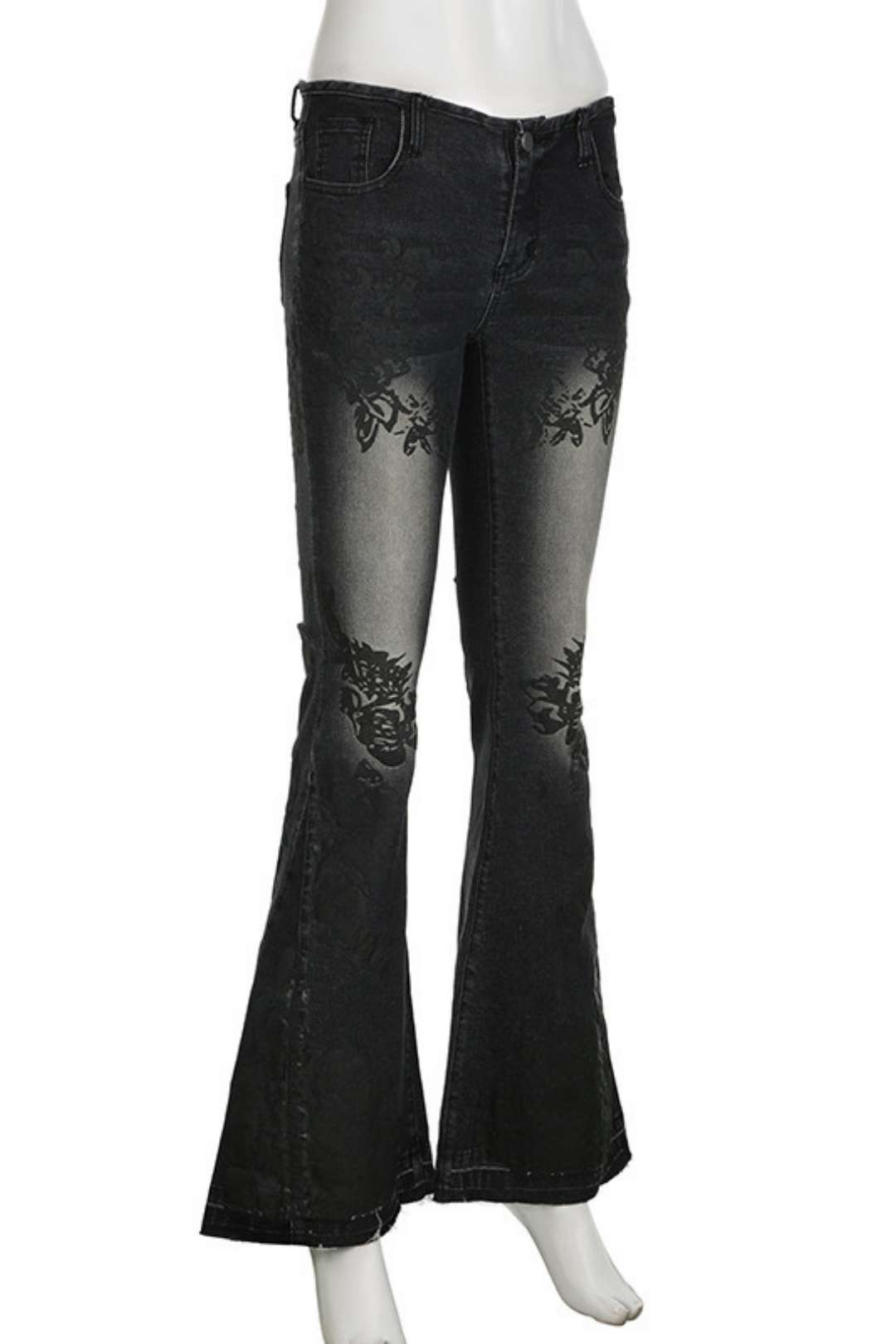 Low-waist Embroidered Flower Distressed White Bell-bottoms Floor-length Slim Jeans