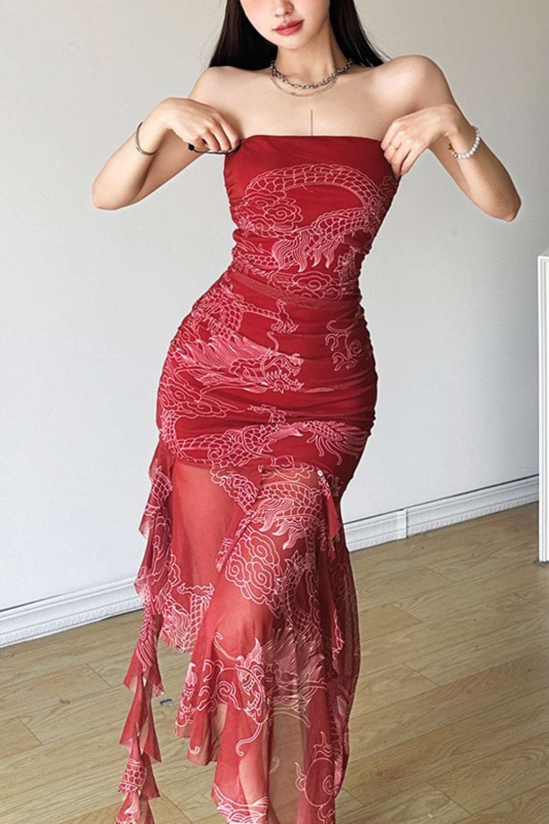 Chinese Style Irregular Strap Tube ToP Dress