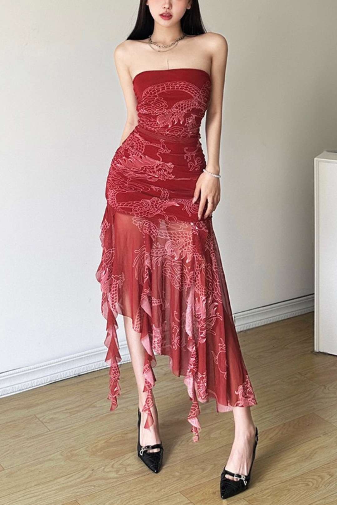 Chinese Style Irregular Strap Tube ToP Dress