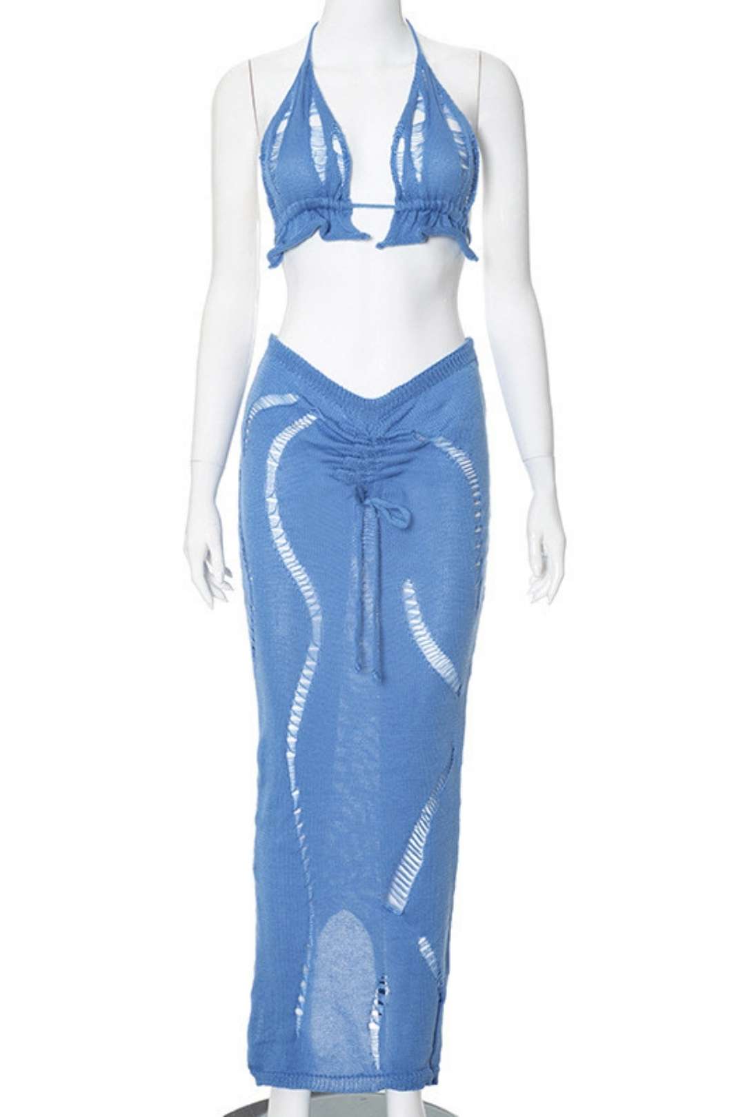 Sexy Hollow Lace Halter Top Drawstring Long Skirt